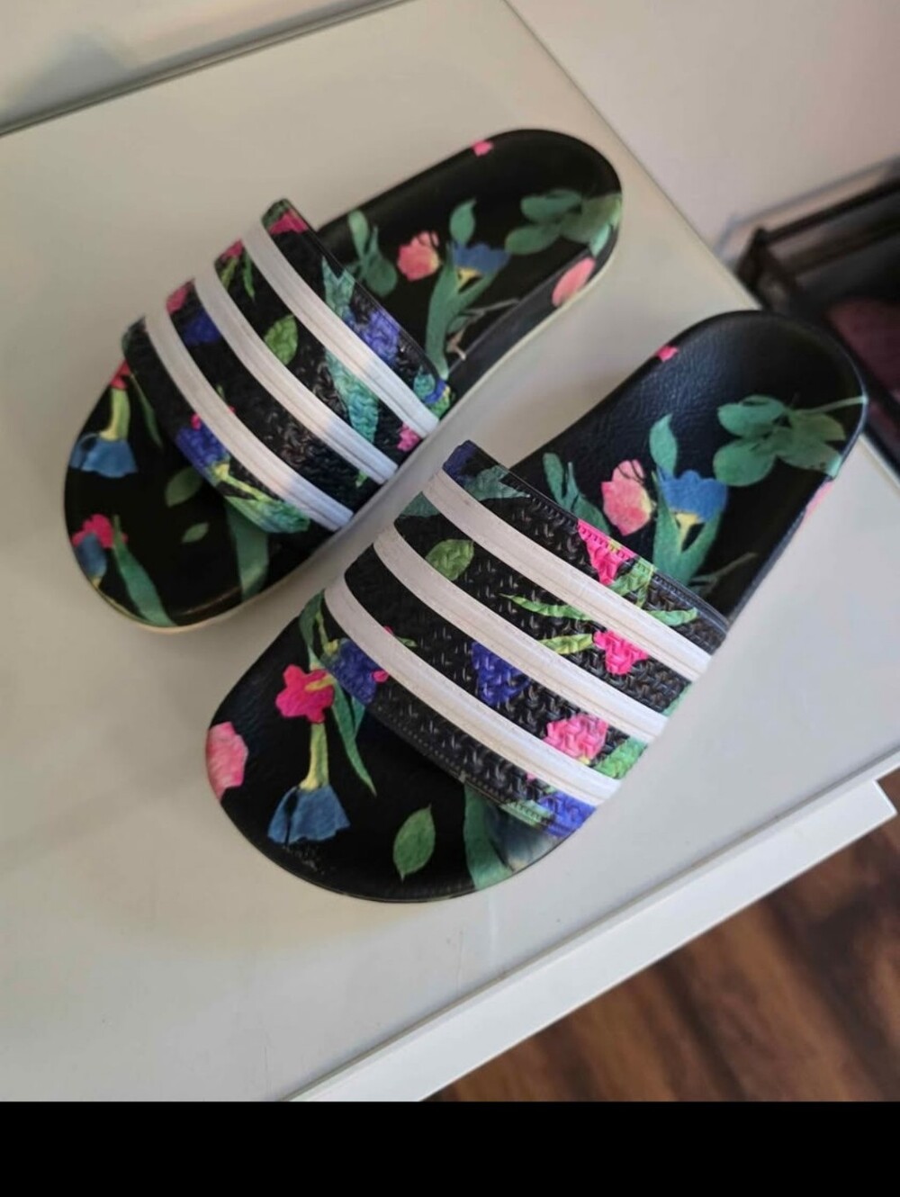 Womens Floral Slide Sandals with White Stripes - Black Multi